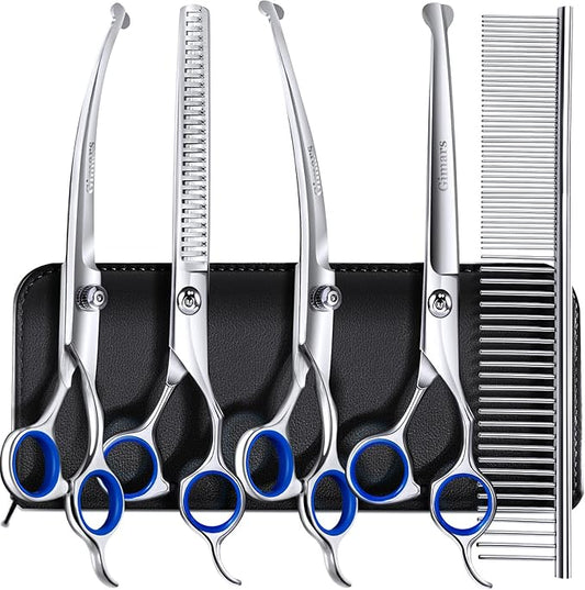 Gimars 7.0in Professional 4CR Stainless Steel Safety Round Tip 6 in 1 Dog Grooming Scissors Heavy Duty Titanium Coated Pet Grooming Scissor for Dogs, Cats and Other Animals