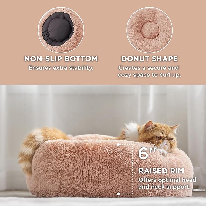 Bedsure Calming Cat Beds for Indoor Cats - Small Cat Bed Washable 20 inches, Anti-Slip Round Fluffy Plush Faux Fur Pet Bed, Fits up to 15 lbs Pets, Pink