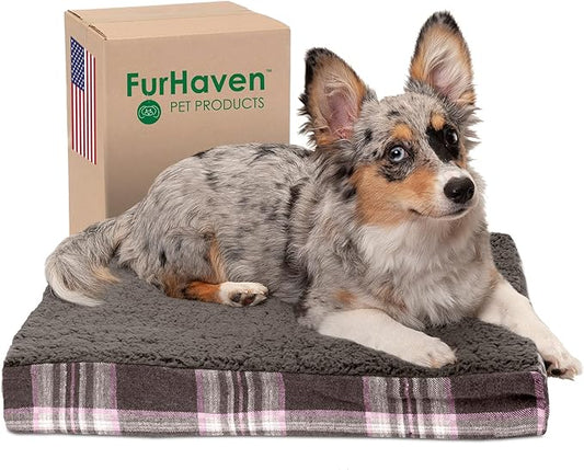 Furhaven Memory Foam Dog Bed for Small Dogs w/ Removable Washable Cover, For Dogs Up to 20 lbs - Sherpa & Plaid Flannel Deluxe Mattress - Java Brown, Small