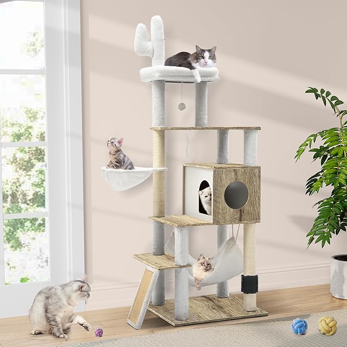 YITAHOME Modern Cat Tree for Indoor Cats with Self-Grooming Brush, 69" Tall Wooden Cat Tower with Condo, Hammock, Scratching Post, Board, Removable Pads for Kittens Big Cats，Greige