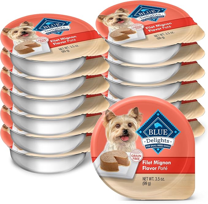 Blue Buffalo Delights Natural Adult Small Breed Wet Dog Food Cups, Pate Style, Filet Mignon Flavor in Savory Juice 3.5-oz (Pack of 12)