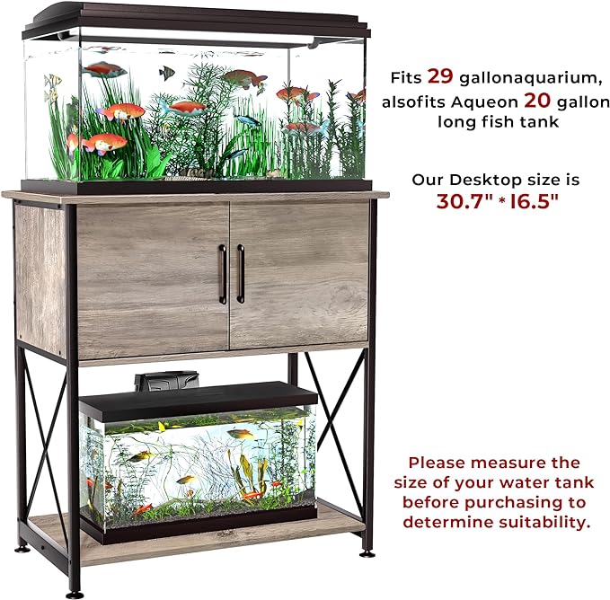 20-29 Gallon Aquarium Stand Metal Frame Fish Tank Stand with Cabinet Storage, for 20 Gallon Long Aquarium,30.7" L*16.5" W Tabletop,330LBS Capacity Grey PG01YGZ