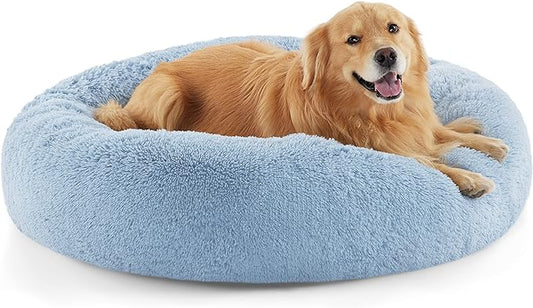 Bedsure Calming Dog Bed for Extra Large Dogs - Donut Washable Large Pet Bed, Anti-Slip Round Fluffy Plush Faux Fur Dog Bed, Fits up to 125 lbs Pets, Blue, 45 inches