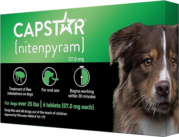 Capstar (nitenpyram) for Dogs, Fast-Acting Oral Flea Treatment for Dogs over 25+ lbs, Vet-Recommended Flea Medication Tablets Start Killing Fleas in 30 Minutes, 6 Doses