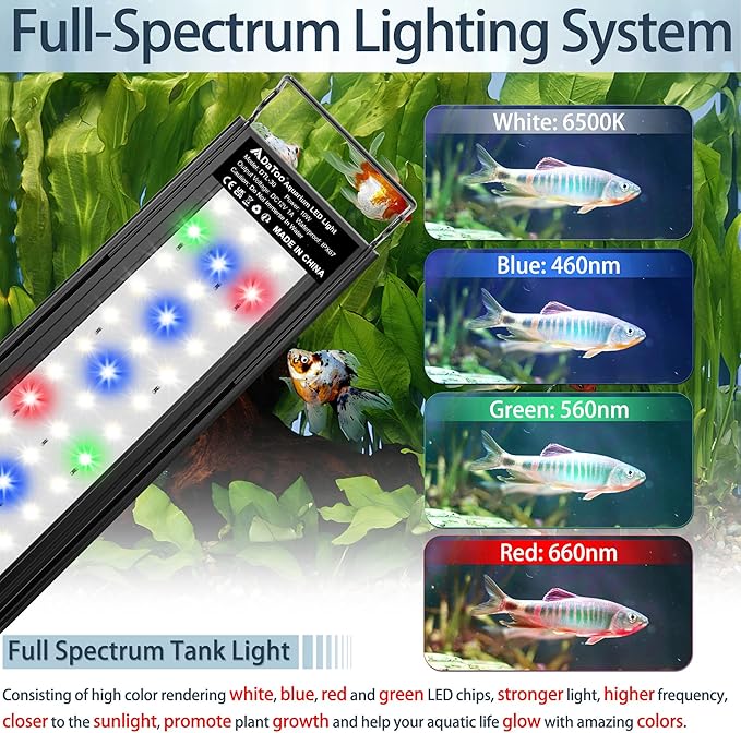 Aquarium LED Light Full Spectrum Fish Tank Lights White Blue Red Green Multi-Color LEDs Extendable Aquarium Light for 18 Inch to 24 Inch Fish Tanks