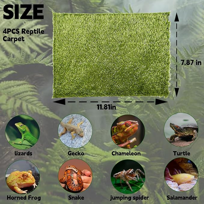 kathson 4pcs Reptile Carpet Terrarium Liner Tortoise Bedding Reptile Substrate Liner Mat Pet Cage Mats Supplies for Lizard Snake Bearded Dragon Gecko Chameleon Turtle Iguana (11.81 X 7.87 in)