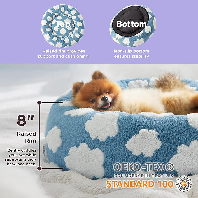 Lesure Donut Small Dog Bed - Round Cat Beds for Indoor Cats Calming Pet Beds, Cute Modern Beds with Jacquard Shaggy Plush & Anti Slip Bottom, 23 Inch, Blue