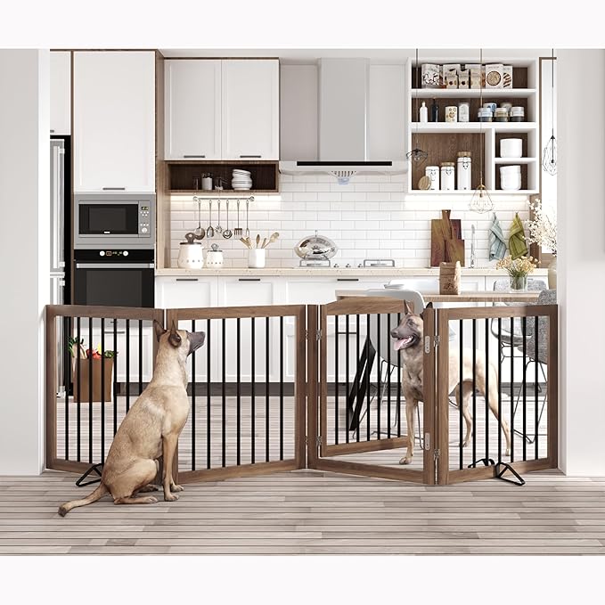 Folding Pet Gate 96" Wide, 30" Tall No-Assembly Wooden Dog Gate with Door Walk Through, Freestanding Pet Gate, Puppy Safety Fence, with 2PCS Support - Brown