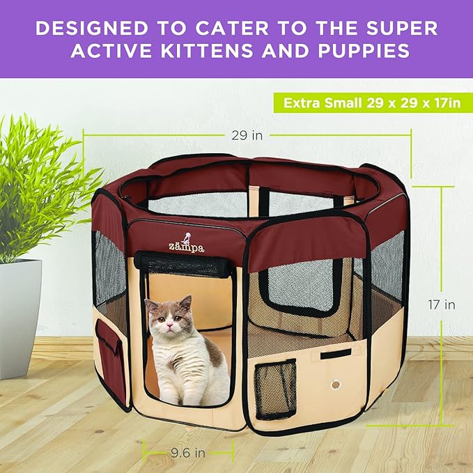 Zampa Puppy Playpen Extra Small 29"x29"x17" Portable Pop Up Playpen for Dog and Cat, Foldable | Indoor/Outdoor Kitten Pen & Travel Pet Carrier + Carrying Case.