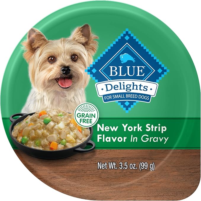 Blue Buffalo Delights Natural Adult Small Breed Wet Dog Food Cup, New York Strip Flavor in Hearty Gravy 3.5-oz (Pack of 12)