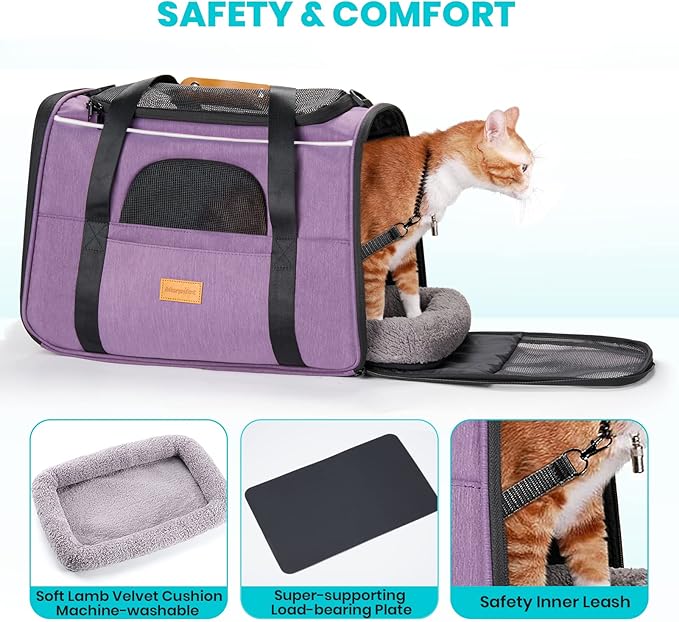 Morpilot Portable Cat Carrier - Soft Sided Cat Carrier for Medium Cats and Puppy up to 15lbs, Pet Carrier with Locking Safety Zippers, Foldable Bowl, Airline Approved Travel Dog Carrier - Purple