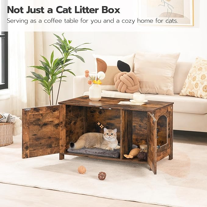 HOOBRO Litter Box Enclosure, Cat Litter Box Furniture with Removable Divider, Large Hidden Litter Box Furniture, Wooden Cat House, End Side Table, 31" L x 17.5" W x 18" H Rustic Brown BF03MW01G1