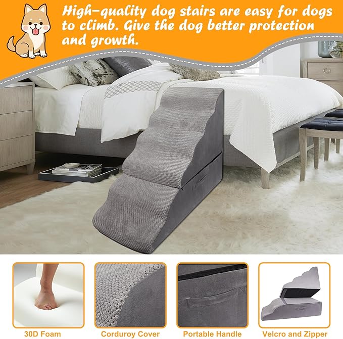 Dog Stairs Steps for 30 Inches Tall High Bed, Pet Dog Ramp Ladder for Small Dogs Injured, Doggie, Old Cats, Kitty, Small Animals(Grey, Up to 29 30 31 32 33 Inch Tall Bed)