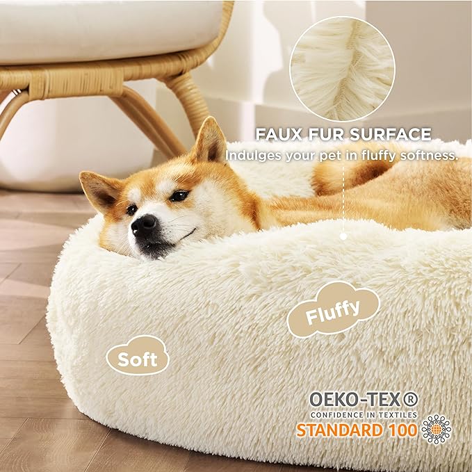 Bedsure Calming Dog Bed for Medium Dogs - Donut Washable Medium Pet Bed, Anti-Slip Round Fluffy Plush Faux Fur Cat Bed, Fits up to 45 lbs Pets, Oat Milk, 30 inches