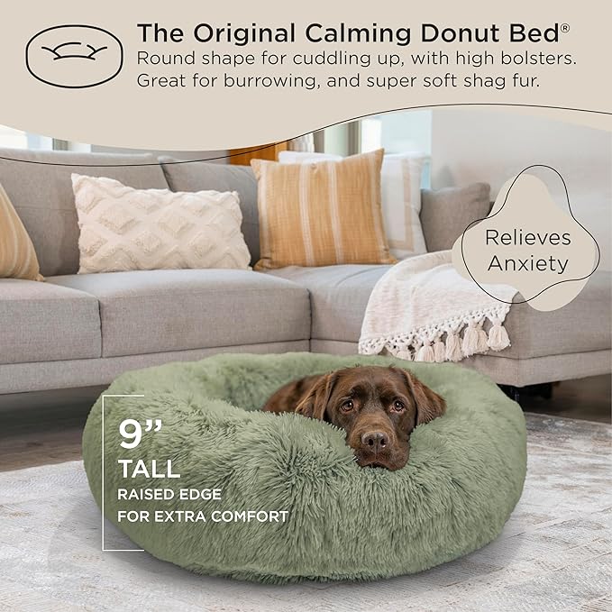 Best Friends by Sheri The Original Calming Donut Cat and Dog Bed in Shag Fur Sage, Large 36"