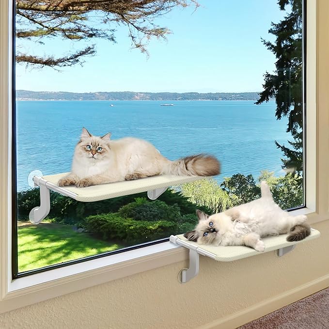 2-in-1 Cat Window Perch, One-Key Adjustment Cat Window Hammock with 4 Suction Cups and Removable Fabrics Cover for Large Cats, Cat Perch for Windowsill, Bedside, Drawer (X-Large Size)