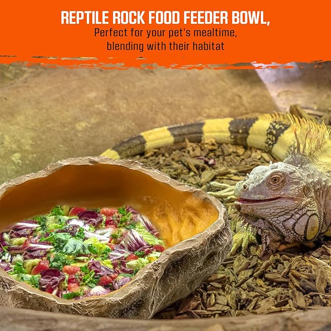 Reptile Water Dish,Resin Reptile Rock Food Feeder Bowl, Water and Food Bowl, Terrarium Decor for Leopard Gecko, Lizard,Spider, Turtle,Scorpion, Chameleon, Hermit Crabs (Small, Yellow)