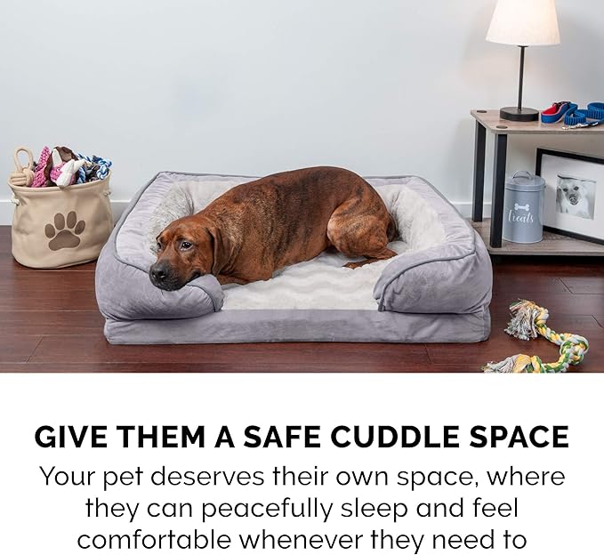 Furhaven Memory Foam Dog Bed for Large Dogs w/ Removable Bolsters & Washable Cover, For Dogs Up to 125 lbs - Plush & Velvet Waves Perfect Comfort Sofa - Granite Gray, Jumbo Plus/XXL