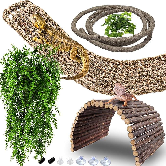 HERCOCCI Bearded Dragon Tank Accessories, Large Reptile Bridge Hammock Flexible - Jungle Climbing Vines and Leaves with Suction Cups Habitat Décor for Hiding& Climbing Snake Gecko Lizard Chameleon