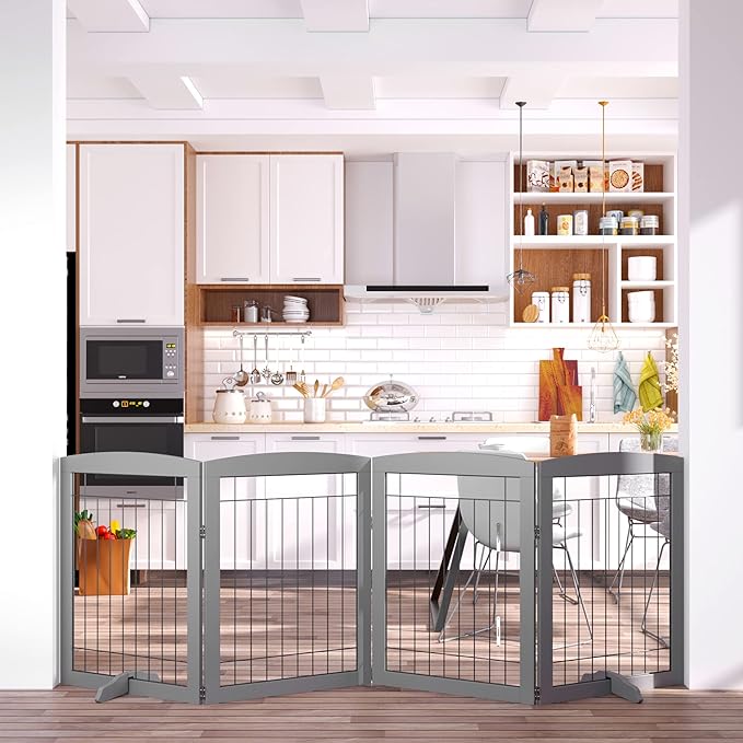 Folding Pet Gate 96" Wide, 30" Tall No-Assembly Wooden Dog Gate, Freestanding Wire Pet Gate, Pet Puppy Safety Fence, with 2PCS Support - Gray