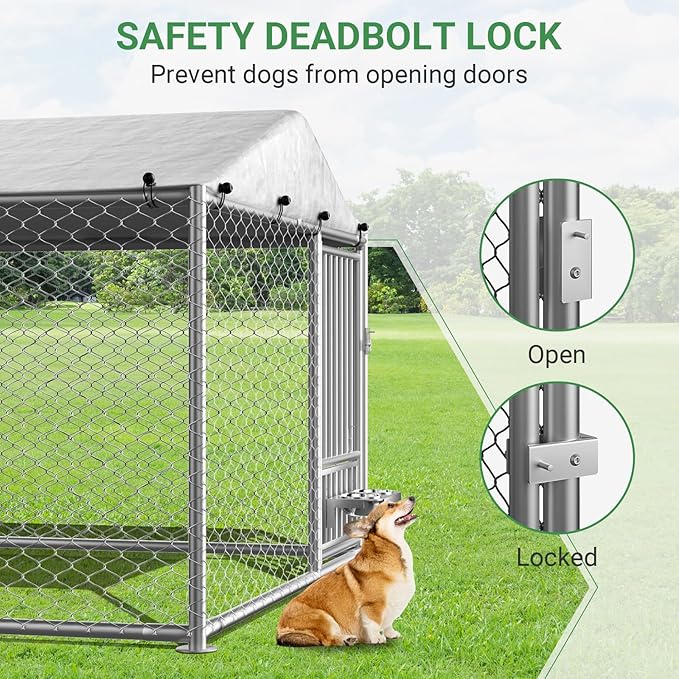 Outdoor Dog Kennel with Roof, Outside Dog Kennel Heavy Duty Dog Run Fence with Waterproof Sun-Proof Cover and 2 Stainless Steel Dog Bowl