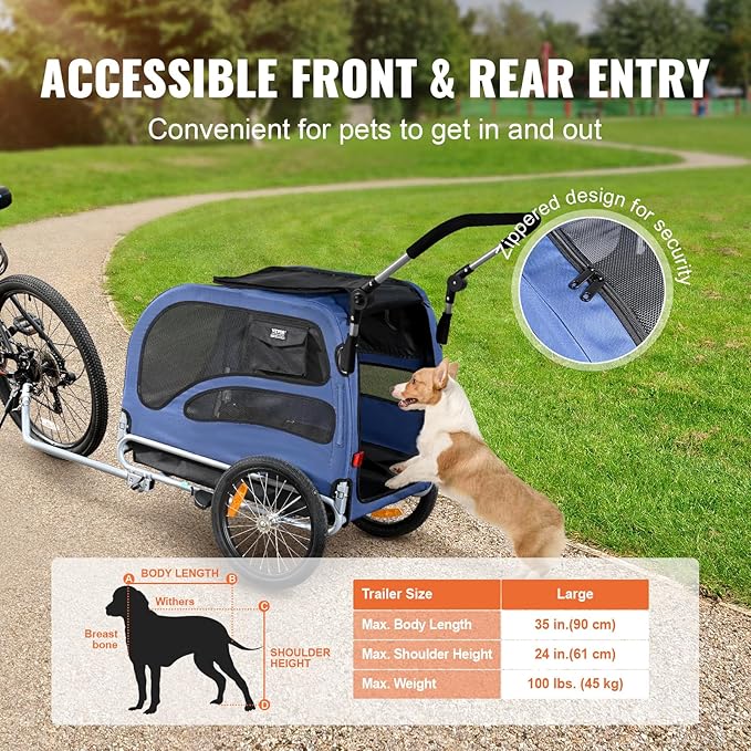 VEVOR Dog Bike Trailer, Supports up to 66/88/100 lbs, 2-in-1 Pet Stroller Cart Bicycle Carrier, Easy Folding Cart Frame with Quick Release Wheels, Universal Bicycle Coupler, Reflectors, Flag