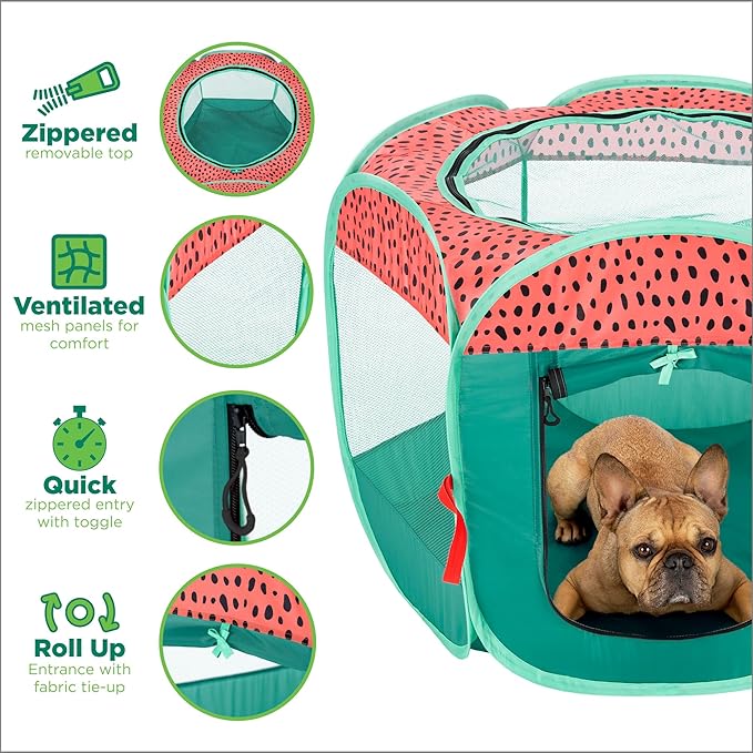 Furhaven Pop Up Playpen Pet Tent Playground - Green & Pink, Large