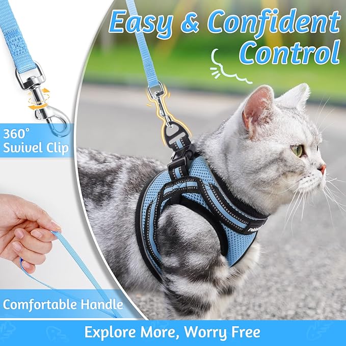 rabbitgoo Cat Harness and Leash Set for Walking Escape Proof, Adjustable Soft Kittens Vest with Reflective Strip for Cats, Comfortable Outdoor Vest, Light Blue, S