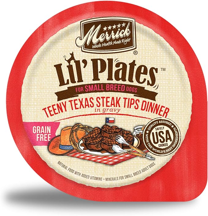 Merrick Lil’ Plates Premium Grain Free Natural Wet Dog Food For Small Dogs, Soft Teeny Texas Steak Tips Recipe - (Pack of 12) 3.5 oz. Tubs