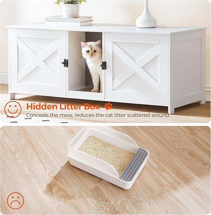 Cat Litter Box Enclosure for 2 Cats, 47.2" Hidden Cat Litter Box Furniture with Double Room, Wooden Cat Washroom with Scratching Board, Indoor Cat House End Table, White CWWT1201