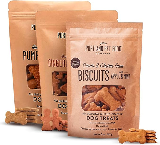 Portland Pet Food Company Healthy Dog Treats Vegan Variety Pack - Grain-Free, Human-Grade, Apple, Gingerbread, Pumpkin Dog Treats - Natural Dog Training Treats & Biscuits Made in the USA Only - 3-Pack