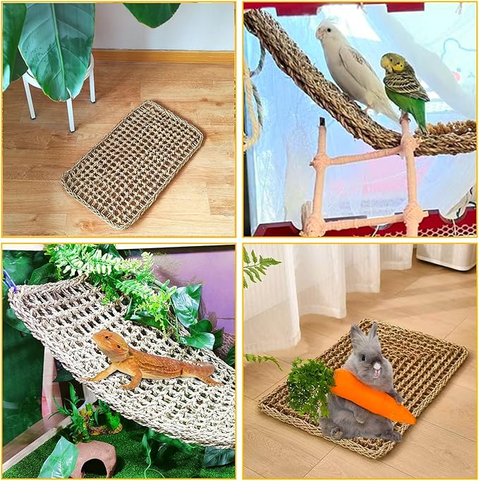 Large Bird Seagrass Mat 23.7×13.8''Natural Seagrass Woven Bird Net Hammock Climbing Rope Ladder with Hooks Chew Toy for Parrot Guinea Pig Lovebird Cockatiel Pigeon