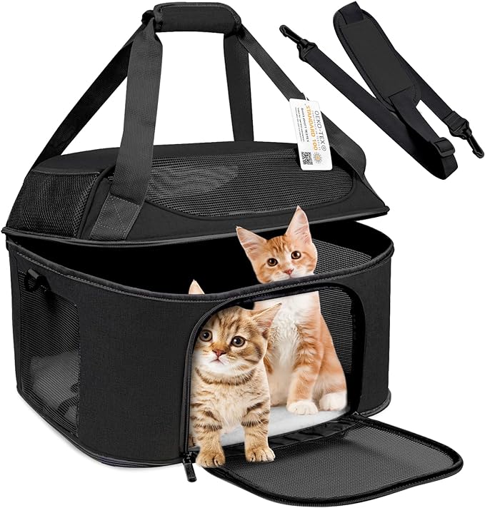 Large Cat Carrier for 2 Cats, Soft Side Carrier for Cats Small Dogs, Collapsible Travel Dog Carrier Oeko-TEX Certified, TSA Airline Approved Cat Carrier Backpack for 20 lbs Cat,Black