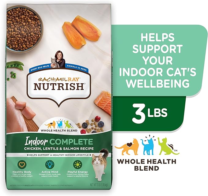 Rachael Ray Nutrish Indoor Complete Premium Natural Dry Cat Food with Added Vitamins, Minerals & Other Nutrients, Chicken with Lentils & Salmon Recipe, 3 Pounds