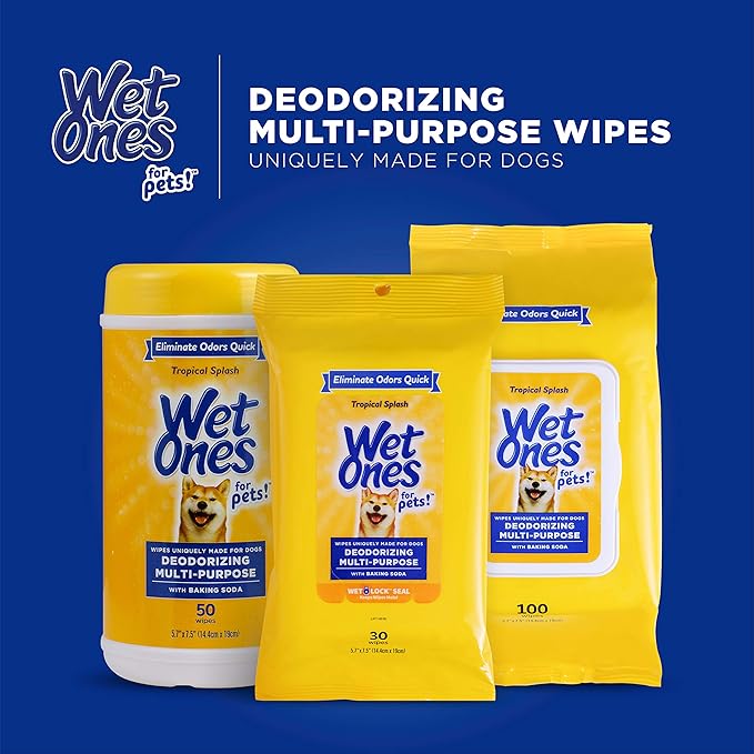 Wet Ones for Pets Deodorizing Multi-Purpose Dog Wipes with Baking Soda, 30 ct - 8 Pack | Dog Deodorizing Wipes for All Dogs in Tropical Splash Scent, Wet Ones Wipes with Wet Lock Seal (FF12847PCS8)