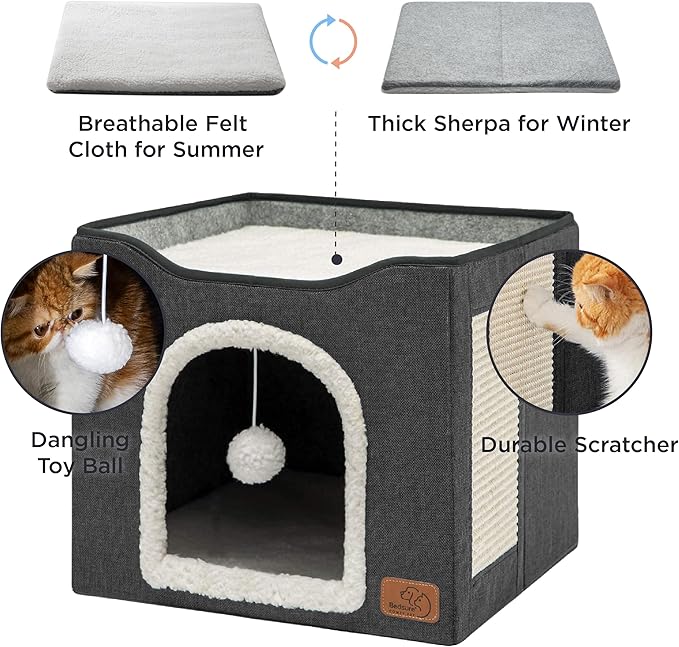 Bedsure Cat Beds for Indoor Cats - Large Cat Cave for Pet Cat House with Fluffy Ball Hanging and Scratch Pad, Foldable Cat Hideaway,16.5x16.5x13 inches, Dark Grey