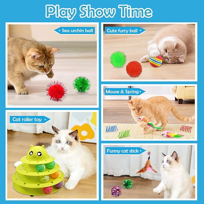 UPSKY 20 PCS Cat Toys, Cat Roller Toy 3-Level Turntable Cat Toys Balls for Indoor Cats, Kitten Toys Set with Cat Teaser Toys, Mice Toys, Spring Toys, and Various Ball Toys.