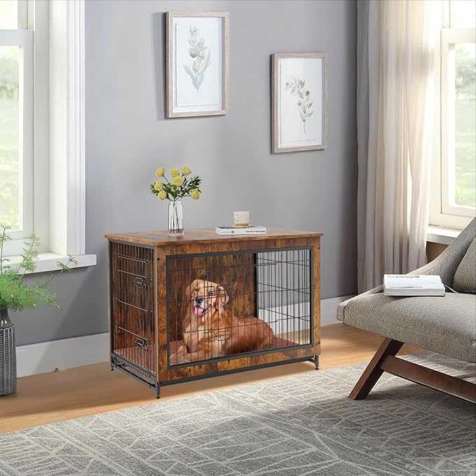 VEVOR Dog Crate Furniture, 38 inch Wooden Dog Crate with Double Doors, Heavy-Duty Dog Cage End Table with Multi-Purpose Removable Tray, Modern Dog Kennel Indoor for Dogs up to 70lb, Rustic Brown