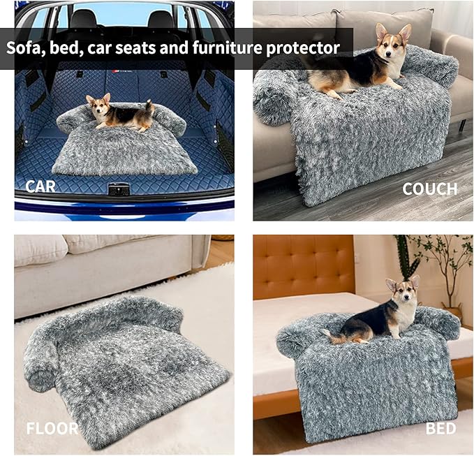 Large Calming Dog Bed Dog Sofa Couch Beds for Medium, Large Dogs and Cats Fluffy Plush Dog Mats for Furniture Protector with Washable Cover (41x37x6, Light Gray)