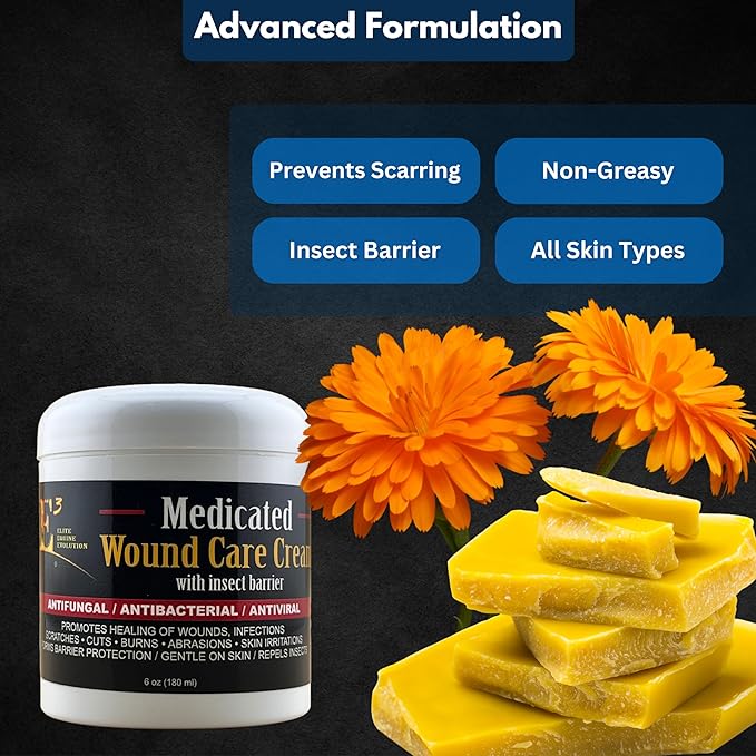 E3 Medicated Wound Care Cream with Insect Barrier - 6 oz - Fast Healing Formula for Cuts, Scrapes, and Skin Irritations - Lanolin, Beeswax, Calendula, Fennel Seeds, Citrus Seed Extract