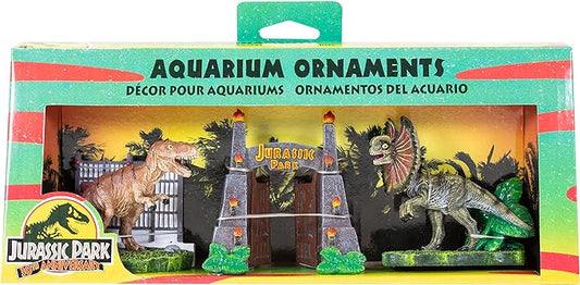 Penn-Plax Jurassic Park Officially Licensed 3-Piece Aquarium Ornament Bundle – includes T-Rex Park Gate, and Dilophosaurus Decorations – Small