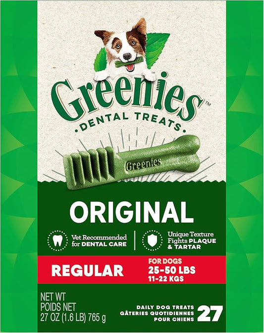 Greenies Original Regular Natural Dog Dental Care Chews Oral Health Dog Treats, 27 oz. Pack (27 Treats)