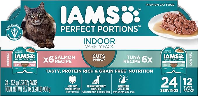 IAMS Perfect Portions Indoor Wet Cat Food with Salmon and Tuna Recipe Variety Pack, Easy Peel Twin-Pack Trays, Pack of 12 (24 Total Servings)