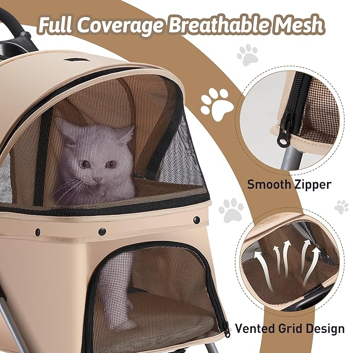 Pet Stroller 4 Wheels Dog Cat Stroller for Medium Small Dogs Cats, Folding Cat Jogger Stroller with Storage Basket & Breathable Mesh, Easy to Walk Travel Carrier, Khaki