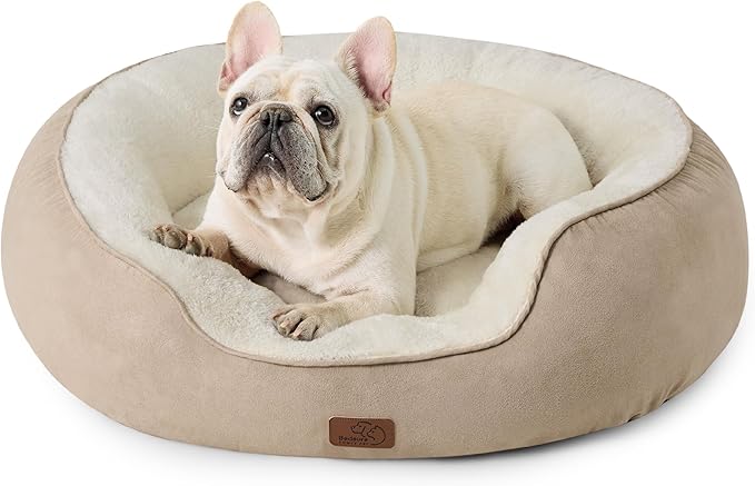 Bedsure Dog Bed for Medium Dogs - Round Washable Medium Pet Bed, Anti-Slip Donut Fluffy Plush Indoor Fur Cat Bed, 30 inches, Camel