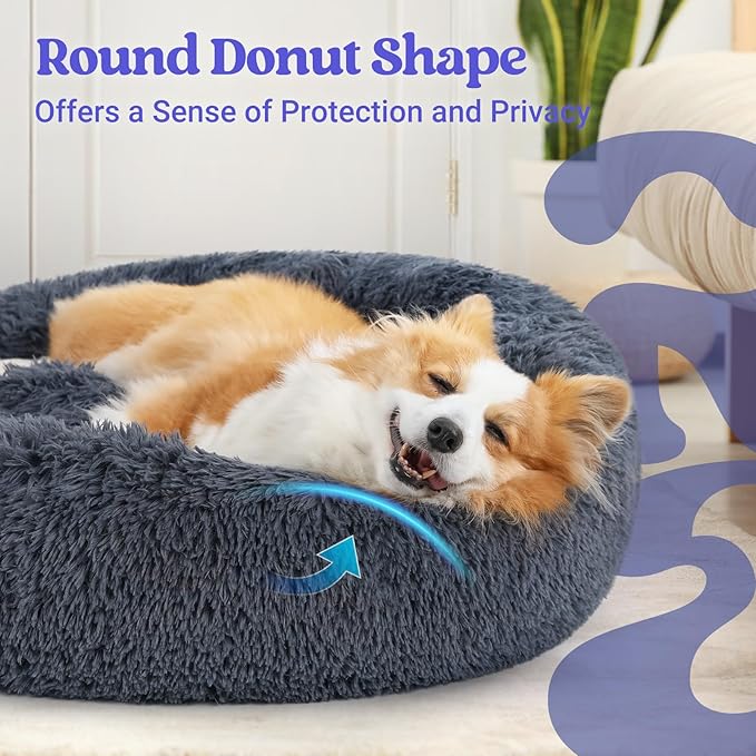 rabbitgoo Calming Dog Bed for Small Medium Dog, 30 inches Pet Bed Machine Washable, Non-Slip Round Fluffy Plush Faux Fur Large Cat Bed, Soft Donut Cuddler Cushion for Small Dog, Dark Grey