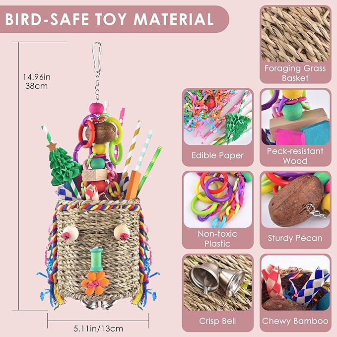 KATUMO Bird Toys, Parakeet Toys Bird Grass Basket Cockatiel Forgaging Toys Conure Shredding Toys for Small Bird Cage Toys Medium Parrot Toys