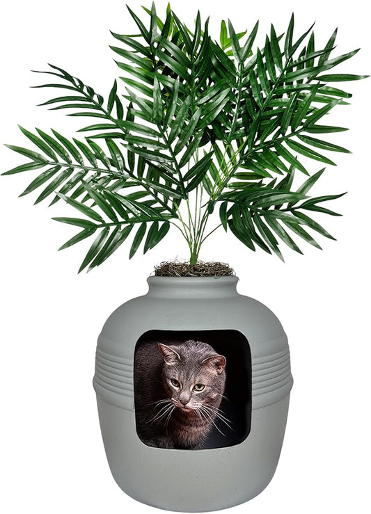 Good Pet Stuff, The Original Hidden Litter Box Base Kit, Round Enclosed Cat Litter Box Planter with Artificial Plants, Vented Carbon Odor Filter System, Florist Moss, Easy to Clean, Stone Gray