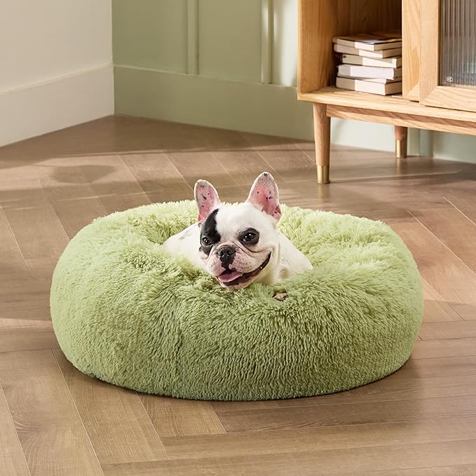 Bedsure Calming Dog Bed for Small Dogs - Donut Washable Small Pet Bed, Round Anti-Slip Fluffy Plush Faux Fur Large Cat Bed, Fits up to 25 lbs Pets, Green, 23 inches