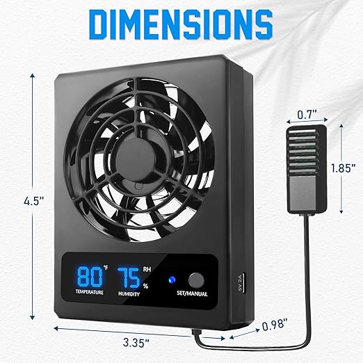 2PCS Reptile Ventilation Fan with Humidity Sensor and High-Temp Alarm, Fan Dehumidifier for Reptile Enclosure and Terrarium